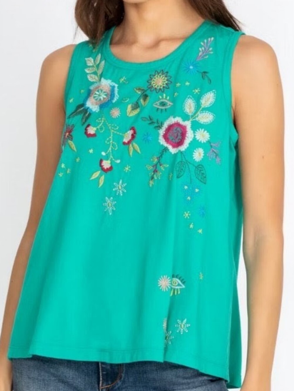 Johnny Was Martine Knit Teal Embroidered Floral Tank Size Small, NWOT